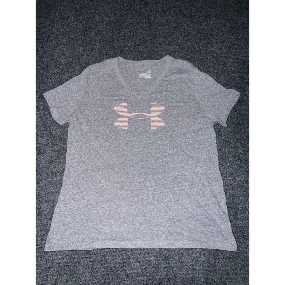 Under Armour HeatGear Kids Large Gray Pink Logo V-Neck T-Shirt Semi-Fitted